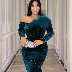 Sexy One Shoulder Long Sleeve Sequin Party Banquet Dress Velvet Plus Size Ladies Dress Party Dress