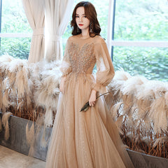 Best-selling new champagne evening dress 2023 new summer long-sleeved birthday banquet temperament host bridesmaid dress annual meeting dress