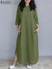 Stylish Split Dresses For Women ZANZEA Causal Solid 3/4 Sleeve Baggy Vestidos Maxi Long Dress Elegant Robe Holiday Sundress