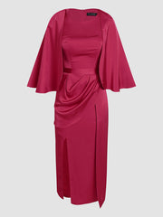 Rose Red Elegant Waisted Asymmetric Slit Dress