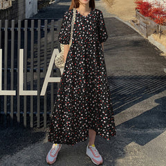 ZANZEA ladies Japanese and Korean literary style floral skirt temperament printing style lady long skirt round neck bubble half sleeve and ankle skirt fashion trend elegant loose spring and autumn daily leisure holiday style dress large size