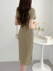 ZAZNEA Causal Loose Dress Ladies Elegant Work Vestido Women Summer Short Sleeeve Solid Sundress Fashion Loose Lace Up Dresses