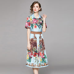Real shot spot European and American fashion all-match waist slimming positioning printed short-sleeved dress