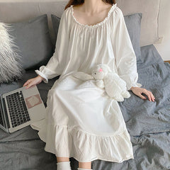 QWEEK Nightdress Women Autumn Long Nightgown Lace Sleepwear Long Sleeve Nightwear White Sleeping Dress Plus Size 3XL