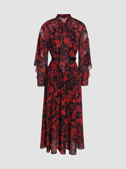Red printed and dyed tie-neck chiffon belt waist dress