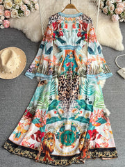 Retro elegant slit flared long-sleeved V-neck waist print dress