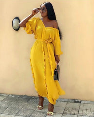 European and American dress African women's sexy V-neck pleated ruffle pearl chiffon loose and elegant