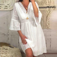 فستان دانتيل جديد ربيع 2023 فستان دانتيل أوروبي وأمريكي برقبة على شكل حرف V وأكمام بوق