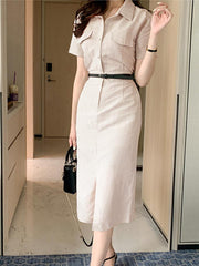 VONDA Elegant Solid Color Summer Sundress Fashion Women Lapel Buttons Casual Midi Dress Short Sleeve Party Vestidos Robe