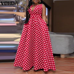 VONDA Elegant Dresses For Women 2022 Sexy Polka Dot Printed V-Neck Sleeveless A-Line Dresses Bohemian Party Vestidos Summer Plus Size Long Dresses