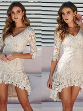 Plus Size Lace Layered Mini Dress Women Lace Floral Short Sleeve Evening Party Dresses Elegant Female Bodycon V-neck Dress