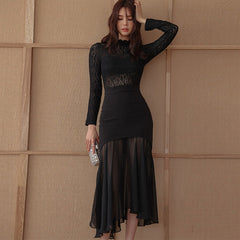 Fashion Women Vintage Sexy Lace Perspective Midi Party Club Dress Elegant Coffee Break Robe Black Skinny Bodycon Female Dress