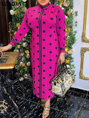 فساتين VONDA Women Boho Vintage Wave Point المطبوعة بطول الكاحل Sping الخريف غير رسمية فضفاضة وياقة واقفة وأكمام طويلة