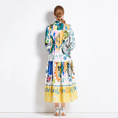 1201  shot spot autumn and winter new retro cotton and linen lapel lantern sleeve printed dress long skirt