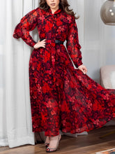 Red printed and dyed tie-neck chiffon belt waist dress