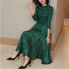 Spring and Autumn Women's Dress Pleated Fashion Design Loose Long Sleeve Women's Elegant Slim Fit Slim Heavy Embossed Irregular Skirt Dress
