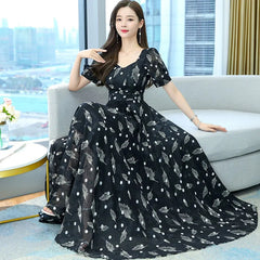 2023 أنيقة لفساتين السيدات 40 سنة الصيف الشيفون الأزهار طباعة بوهو شاطئ قصيرة الأكمام فستان طويل رداء غير رسمي عالية الجودة