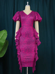 African Women Midi Bodycon Dresses Purple Floral Printed Ruffle Dress Short Sleeve Summer Big Size Birthday Party Event Gowns