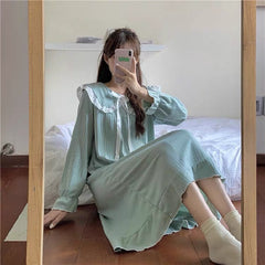 Long-sleeved nightdress over the knee wind pajamas female spring and autumn court doll collar Korean style home service
