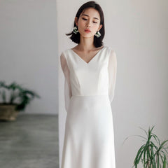 French light wedding dress super simple white satin bride go out gauze V-neck long-sleeved party daily dress female