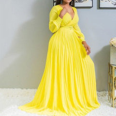 New Yellow High Waist Thin Solid Color Temperament Retro Chiffon Long Sleeve Long Skirt Dress