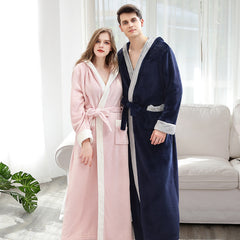 Sexy contrast color hooded bathrobe autumn and winter flannel coral fleece men's nightgown thickened and lengthened couple bathrobes women