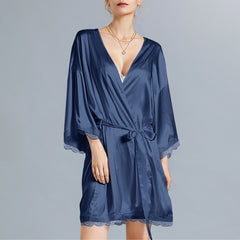 Celmia Ms. European and American temperament solid color V-neck long-sleeved stitching lace short nightdress Fashion casual bathrobe-style home service