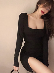 Autumn Split Bodycon Dress Elegant Square Neck Ribbed Black Dress Female Knitted Side Long Sleeve Fashion Mini Dresses Basic