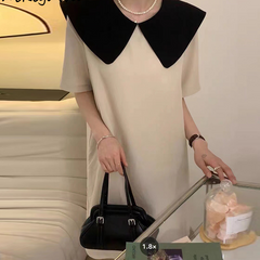 Large size front and back two wear 2023 summer new niche design big bow tie color doll collar slim dress 3*22