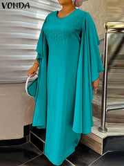 VONDA Elegant Dresses For Women 2022 Solid O Neck Long Flared Sleeve Spliced Ruffle A-Line Vestidos Bohemian Party Casual Plus Size Long Dress