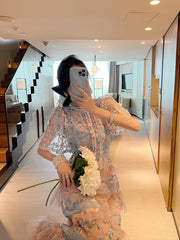 Splicing Flower Mesh Embroidery Cake Dress Long Skirt