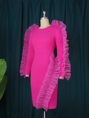 AOMEI Pink Party Dress Women Elegant Long Sleeve Tulle Ruffle Mini Sweet Bodycon Short Wedding Guest Birthday Club Outfits 2022