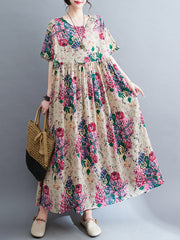 Women's new skirt Mori girl pastoral style summer new literary and artistic large size women's clothing fat MM plus fat plus printing short-sleeved li