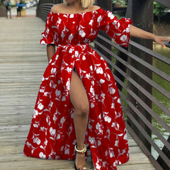 Celmia Ms. Bohemian holiday style floral print dress European and American fashion temperament elegant one-shoulder lantern sleeve waist big skirt daily summer plus size trend seaside dating slit long skirt