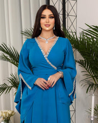 Blue Elegant Trumpet Sleeve V-Neck Diamond Inlaid Waist Dress