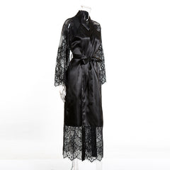 Ladies Fashion Lace Simulated Silk Patchwork Bathrobe Robe