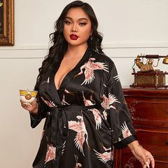 Spring and summer large size sexy silk nightgown printed home service pajamas sexy cardigan tie bathrobe