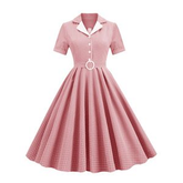 تنورة توفار ذات الياقة المدببة بإبزيم وحزام كلاسيكي منقوش متوسط الطول للسيدات بأكمام قصيرة 50s فستان فيروزي