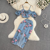 Denim fashion suit female hot girl chic suspender top two-piece waist irregular slit skirt summer