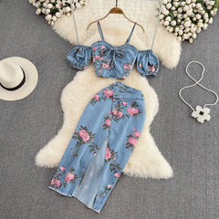 Denim fashion suit female hot girl chic suspender top two-piece waist irregular slit skirt summer