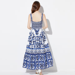 Printed Positioning Sling Slim Waist Dress Elastic Back A-Line Skirt