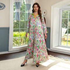 Southeast Asia new color-blocking dress lapel printing Kaftan Middle East Arabian ethnic style hot diamond Jalabiya rhinestone elegant dress
