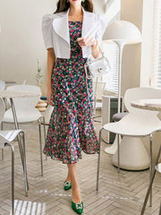 Korean Elegant Women's Dress Temperament Casual Flowers Sexy Square Neck Slim Midi Party Beach Robe Woman Woman Vest