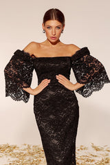 Lace temperament commuter skirt black mid-waist solid color one-shoulder mid-length dress