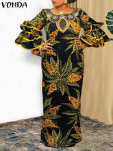 فوندا فساتين نسائية بوهو كلاسيكية مطبوعة بنمط عشوائي فساتين طويلة طويلة مكشكشة غير رسمية فضفاضة ورقبة دائرية وأكمام طويلة مرقعة