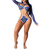 Women Swimsuit Adults Hollow Out Printed Long Sleeve Round Neck Swimwear