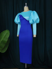 AOMEI Women Sheath Dress Party Shiny Elegant Blue Color Block Bodycon O Neck Long Lantern Sleeves Event Birthday Fall