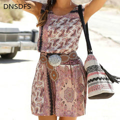 فساتين الشاطئ الصيفية النسائية الكاجوال بوهو A Line فستان قصير بدون أكمام مطبوع أنيق بخصر مطاطي فستان قصير نحيف فضفاض