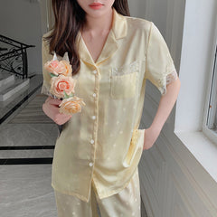 Summer women's short-sleeved trousers gentle wave dot lace women's pajamas silk home service suit