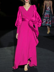 VONDA Elegant Satin Maxi Dress Women Long Lantern Sleeve Patchwork Sundress 2023 Summer Sexy V-Neck Evening Party Vestido Belted